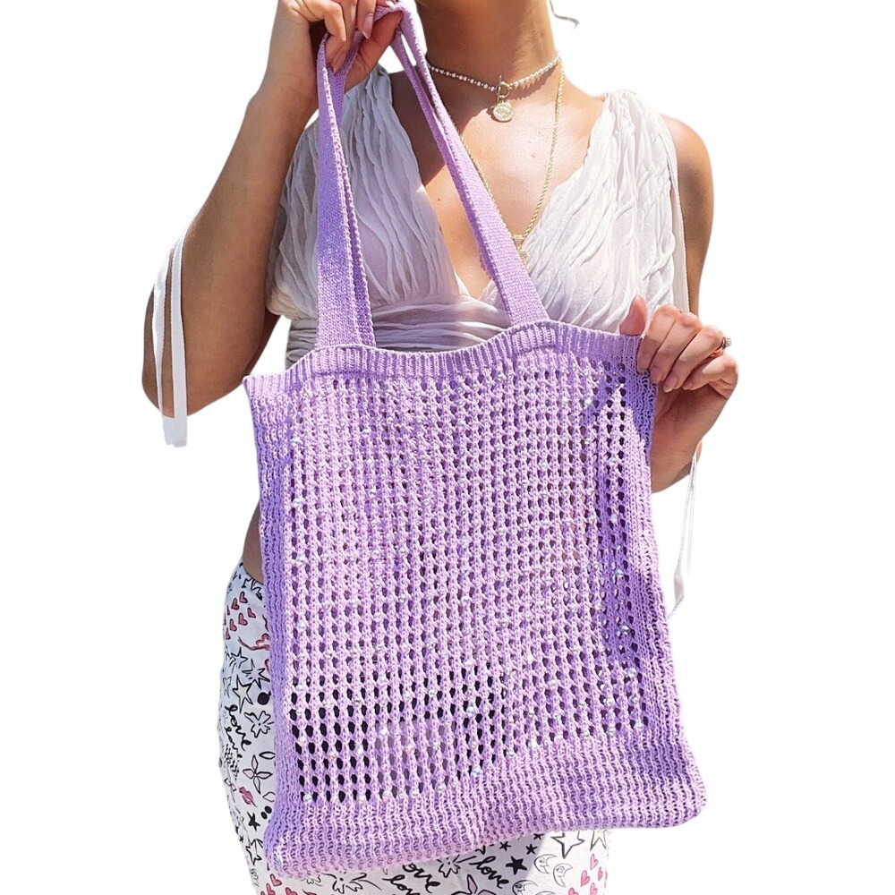 Handcrafted  Crochet Open Knit Lavender Purple Rhinestone Farmers Market Bag Y2K